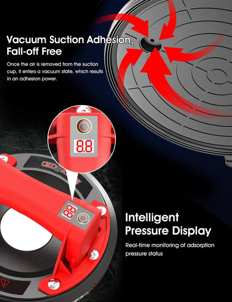Electric Vacuum Suction Cup Lifter With 8 Inch Base, Heavy Duty 440 lbs Capacity, displaying pressure gauge and vacuum adhesion