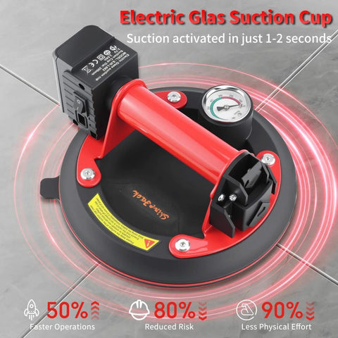 Image of an Electric Glass Suction Cup showing the device's handle, gauge, and activation switch on a tiled surface.