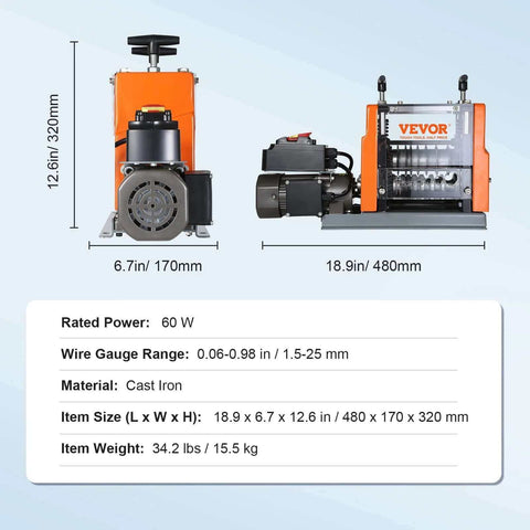 Automatic Electric Wire Stripping Machine 60W with Visible Stripping Depth Reference, specification chart visible.
