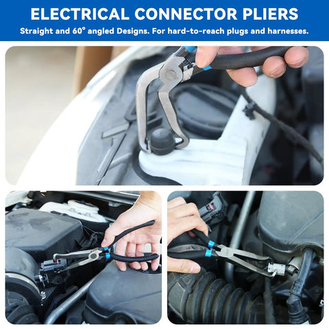 13-Piece Automotive Electrical Disconnect Pliers And Fuel Line Tool Set used on engine components, showing pliers in action