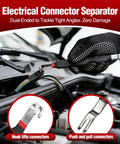 9 Piece Electrical Disconnect Pliers Set For Cars, Connector Removal Tools, shown in use lifting an electrical connector