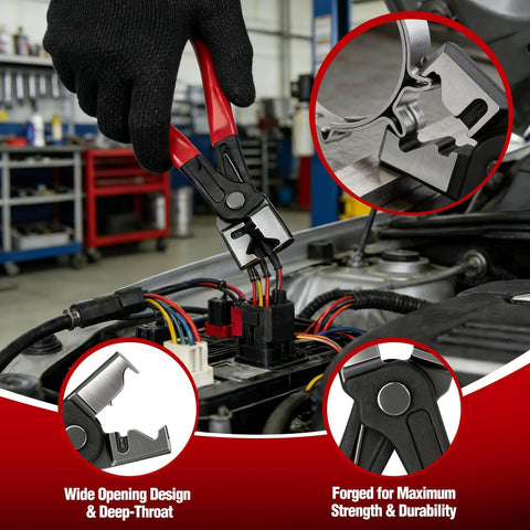 9 Piece Electrical Disconnect Pliers Set For Cars used on vehicle electrical connectors in a workshop, showcasing wide opening design.