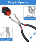 Electrical Disconnect Pliers Set For Cars And Auto Repairs, displayed in use with a push tab connector, highlighting operation steps.