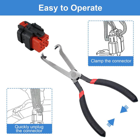 Electrical Disconnect Pliers Set For Cars And Auto Repairs, displayed in use with a push tab connector, highlighting operation steps.