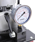 Close-up of HinLIaDa 10000PSI Electric Hydraulic Pump gauge with manual valve controls, 750W 110V, 7L red power pack visible