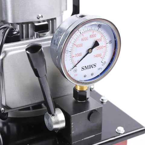 Close-up of HinLIaDa 10000PSI Electric Hydraulic Pump gauge with manual valve controls, 750W 110V, 7L red power pack visible