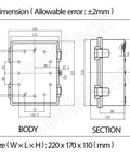 Technical drawing of IP67 Waterproof Electrical Junction Box With Hinged Clear Cover, Built Tough ABS Plastic Enclosure