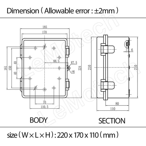 Technical drawing of IP67 Waterproof Electrical Junction Box With Hinged Clear Cover, Built Tough ABS Plastic Enclosure