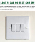 White wall plate with three switches and electrical outlet screws in a home setting. Diy Friendly Electrical Outlet Spacer Kit With 385Pcs Black Nylon Round Spacers And Long Screws For Switch And Outlet Mounting Includes M4 Spacers In 3 5 8 10 15 20 Mm Sizes And Wall Plate Screws Flat Head Device Mounting Hardware.