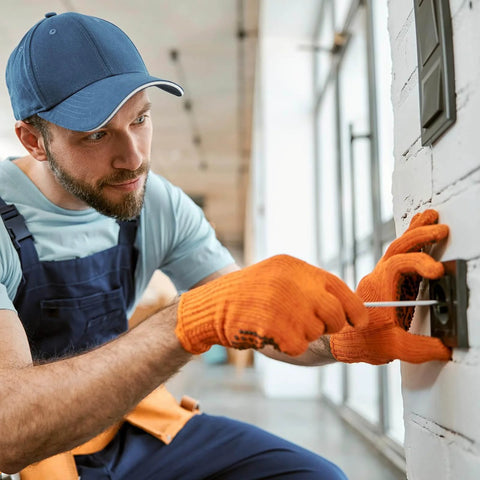 Electrician in blue uniform and cap, using a screwdriver to install or repair a switch on a wall indoors, wearing orange gloves.
