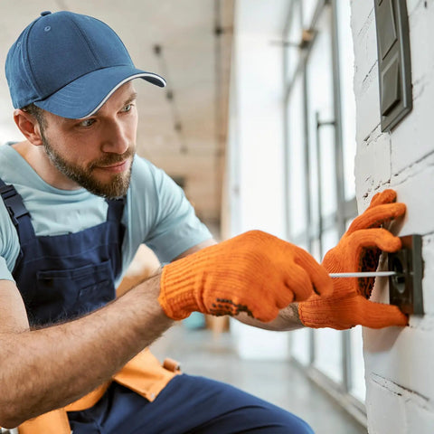 Person wearing gloves and cap installing an electrical switch on a white wall using a screwdriver.