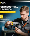 Man using 8 inch wire stripper and crimping pliers for 10-22 AWG solid and stranded wire, precise stripping without fraying, cutting and crimping.