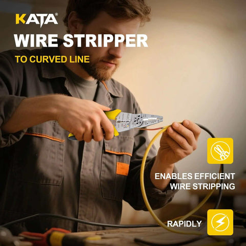 Electrician using 8 Inch Wire Stripper And Crimping Pliers For 10-22 AWG Solid And Stranded Wire, heavy duty hand tool in workshop
