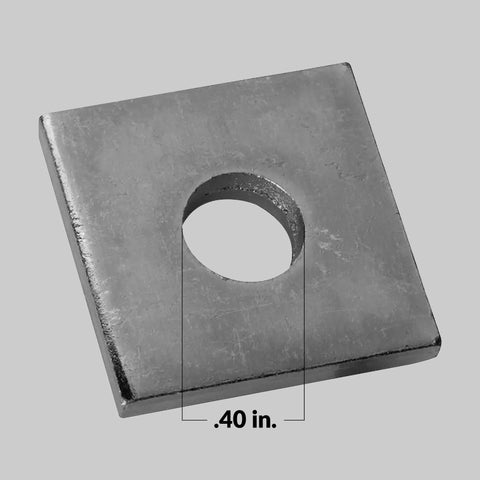 Close-up of a 3/8 inch square washer for strut channel in an electro-galvanized finish, showing .40 inch hole diameter, corrosion resistant