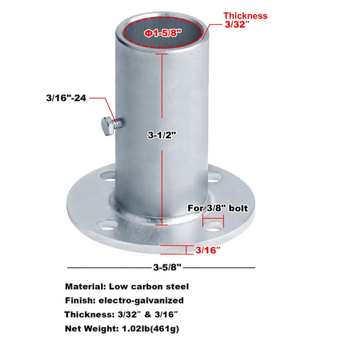 Heavy Duty Chain Link Fence Post Floor Flange Base Set Of Four For One Five Eighths Inch OD Poles, low carbon steel, electro-galvanized