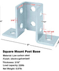 Square mount post base with measurements and electro-galvanized low carbon steel description.
