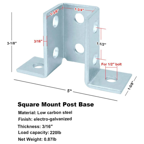 Square mount post base with measurements and electro-galvanized low carbon steel description.