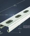 Durable 14 gauge metal strut channel with electro galvanize finish provides solid frame support for lightweight loads, front view