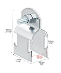 EMT Pipe Universal Strut Clamps Ten Pack One Half Inch Electro Galvanized Conduit Channel Clamps for Secure Mounting and Corrosion Resistant Support in Electrical Installations, close-up view with dimensions