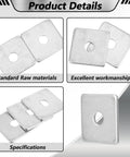 Electrogalvanized Square Strut Washer Plates One And Five Eighths Inches With Three Eighths Inch Hole And Three Point Five Millimeter Thickness 40 By 40 Millimeter 35 Pack Heavy Duty Carbon Steel Washers For Standard One And Five Eighths Inch Strut displayed in four views.