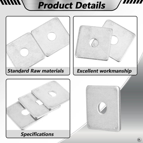 Electrogalvanized Square Strut Washer Plates One And Five Eighths Inches With Three Eighths Inch Hole And Three Point Five Millimeter Thickness 40 By 40 Millimeter 35 Pack Heavy Duty Carbon Steel Washers For Standard One And Five Eighths Inch Strut displayed in four views.