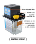 Pro-Grade Automatic Electromagnetic Lubrication Pump with labels showing parts, 220V, 0.5/1/2L capacities, 50mm/min flow for CNC routers.