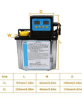 Front view of Electromagnetic Oil Pump, 1L 2L DC24V 4mm, CNC Lubrication Pump, 24V Dc Powered Solenoid Lubricator CNC Machine with dimensions