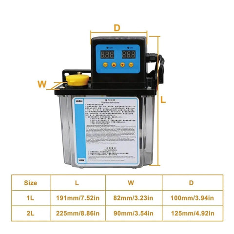 Front view of Electromagnetic Oil Pump, 1L 2L DC24V 4mm, CNC Lubrication Pump, 24V Dc Powered Solenoid Lubricator CNC Machine with dimensions
