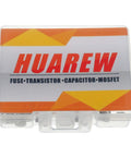 Plastic box labeled 'HUAREW' for fuses, transistors, capacitors, and MOSFET components