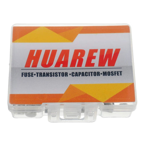 Plastic box labeled 'HUAREW' for fuses, transistors, capacitors, and MOSFET components