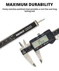 Electronic Digital Caliper Measuring Tool, 0 - 6 Inches Stainless Steel Construction with Large LCD Screen showing 15.00mm for precision measurement