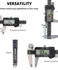 Electronic Digital Caliper Measuring Tool, 0 - 6 Inches Stainless Steel Construction with Large LCD Screen, displaying outside, inside, step, and depth measurements