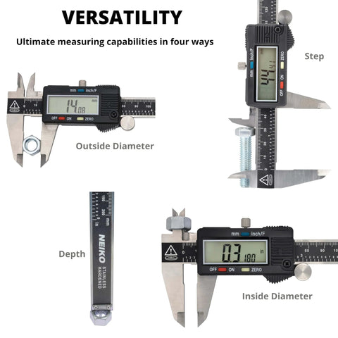 Electronic Digital Caliper Measuring Tool, 0 - 6 Inches Stainless Steel Construction with Large LCD Screen, displaying outside, inside, step, and depth measurements