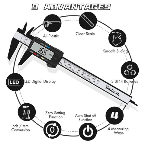 Electronic Digital Calipers, inch and Millimeter Conversion, LCD Screen displays 0-6" Caliper, features overview