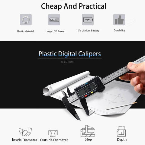 Electronic Digital Calipers, inch and Millimeter Conversion with LCD Screen, measuring paper, 150mm Black Plastic