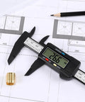 Electronic Digital Calipers, inch and Millimeter Conversion, LCD Screen displays 0-6" Caliper Measuring Tool on technical drawings.