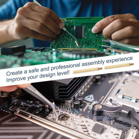 Brass Hex Standoff Spacer Pack For Quadcopters And PCBs M3 Thread 6mm Male To 40mm Female Total 46mm Length 50 Pieces Rust Resistant Hardware For Electronics Projects And Circuit Board Builds shown in electronics assembly.