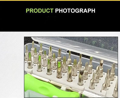 Open case view of 32 In 1 Precision Electronics Screwdriver Set with 30 heads and 2 accessories, showcasing steel bits for electronics maintenance.