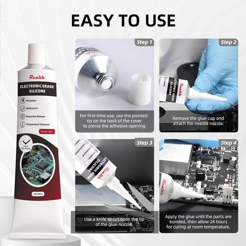 Step-by-step guide and tube of Conformal Coating For Electronics Pro Grade Silicone Adhesive Sealant, 3.4 Oz shown with circuit board.