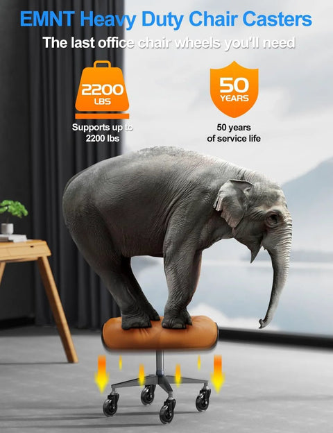 Elephant standing on office chair with Office Chair Wheels Replacement 3 Inch Heavy Duty Rubber Caster Wheels For Hardwood Floors And Carpet.