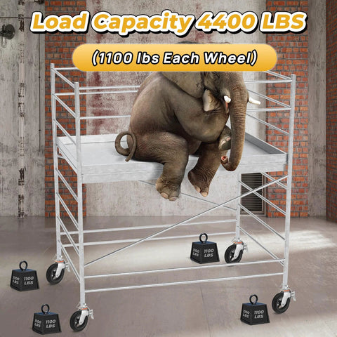 Elephant sitting on scaffold with 8 Inch Wheel Scaffolding Caster With Round Stem One And Three Eighths Inch Dual Locking Brakes 1100 Pounds Capacity Per Wheel For Commercial Scaffolding Frames With Heavy Duty Construction For Demanding Job Sites And Accessories.