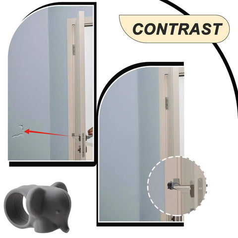 Elephant Shaped Door Handle Protectors Set For Wall Protection Silicone Door Stop Bumpers 6 Pack in Black White Gray installed on door handle to prevent wall damage.