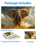 3000 Piece Elephant Jigsaw Puzzle For Adults With Storage Box And HD Poster, wooden puzzle showing elephant scene and package contents.