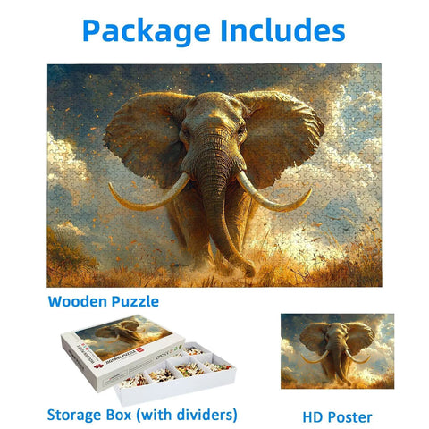 3000 Piece Elephant Jigsaw Puzzle For Adults With Storage Box And HD Poster, wooden puzzle showing elephant scene and package contents.