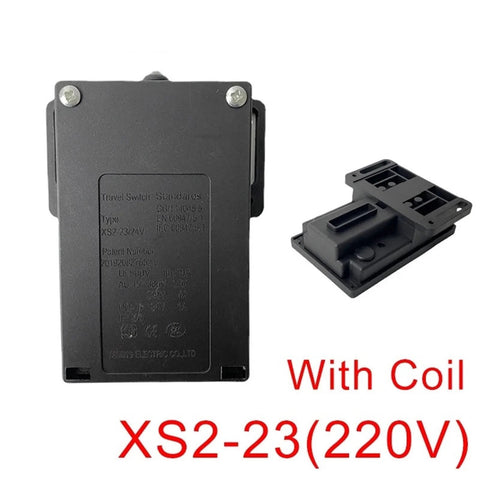Beefy Elevator Travel Switch 220V 24V Machine Roomless Speed Limiter Limit Switch For Industrial Lifts Heavy Duty Silver Finish Replacement XS Series Sensor Pro Grade Travel Safety Component display with black casing and coil