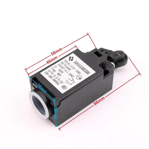 Elevator Speed Limiter Buffer Tension Wheel Switch With Manual Reset And Automatic Reset, shown with measurements