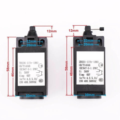 Elevator Speed Limiter Buffer Tension Wheel Switch With Manual Reset And Automatic Reset For Easy No Fuss Install TR236 11Yr ZR231 11Yr IEC 947 5 1 Replacement Part In Elevator Control Systems, two black units with technical labels and dimensions