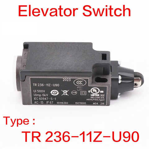 Built Tough Elevator Speed Limiter Buffer And Tension Wheel Switch With Manual Reset And Automatic Reset Model TR236 11Z U90 Durable Lift Control Component For Smooth Rides And Reliable Safety Compliance, side view of component with label details.