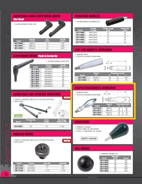 Catalog page featuring 3/8-16 Thread Ellipse End Handle in Steel for Moveable Hand Wheels with dimensions and specifications.