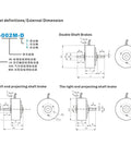 Technical diagram of the Torque Control Electromagnetic Hysteresis Brake for Load Testing showing three shaft variations.